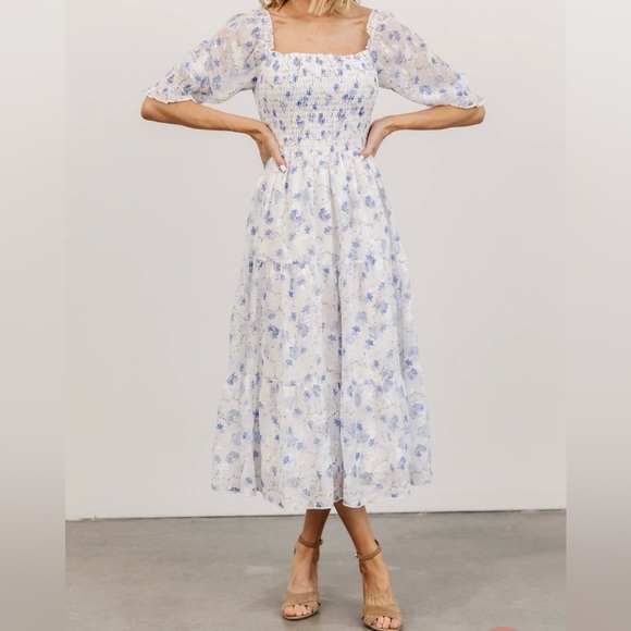 Baltic Born Dresses & Skirts - Baltic Born Fabian Jacquard Midi Dress XL White Blue Floral Sheer Sleeve Tiered